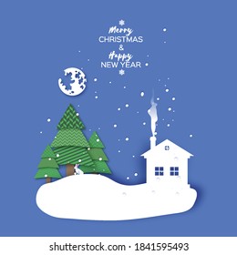 Merry Christmas Greetings Card with beautiful landscape and Green Christmas tree. Winter holidays. Happy New Year. Stars and moon. ountry home. Blue.