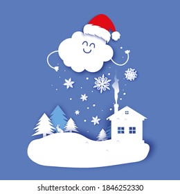 Merry Christmas Greetings Card with beautiful landscape and Christmas tree and country home. Cute snowy cloud with sanra hat. Winter holidays. Happy New Year. Blue.