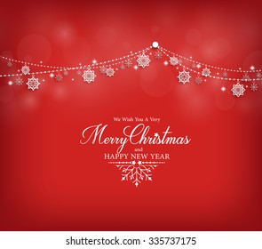 Merry Christmas Greetings Card Design with Snow Flakes Hanging in Red Background. Vector Illustration
