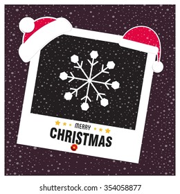 Merry Christmas Greetings Card Design With Snow Flakes. Picture Frame With Santa Hat On Top And Merry Christmas Typography