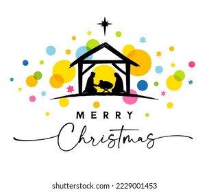 Merry Christmas greetings card with elegant lettering and colored stars. Nativity scene of baby Jesus in the manger with Mary, Joseph in silhouette and Bethlehem star. Vector illustration