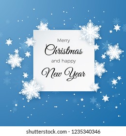 Merry Christmas Greetings card on blue background. Paper cut snow flake. Happy New Year.  Winter snowflakes background. Snowfall. Space for text. Holidays decoration element. Vector illustration