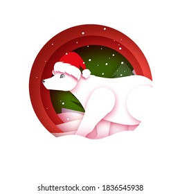 Merry Christmas Greetings Card with Polar bear. Ursus maritimus. Cute Polar Bear wearing Santa Claus hat in paper cut style. Happy New Year. Red.