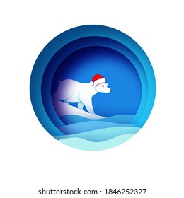 Merry Christmas Greetings Card with Polar bear and beautiful winter sea landscape. Ursus maritimus. Cute Polar Bear wearing Santa Claus hat in paper cut style. Happy New Year. Blue.