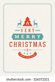 Merry Christmas Greetings Card or Poster Design. Textured paper vector background and retro typography holidays wishes.