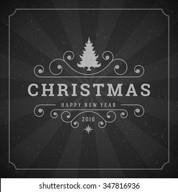 Merry Christmas Greetings Card or Poster Design. Blackboard vector background and retro chalk typography holidays wishes.