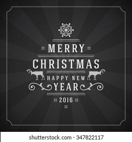 Merry Christmas Greetings Card or Poster Design. Blackboard vector background and retro chalk typography holidays wishes.