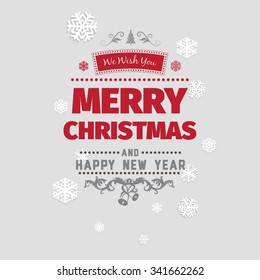 Merry Christmas greetings card with red letters on light gray background with snowflake around. Design elements for creating christmas cards