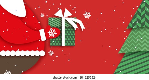 Merry Christmas Greetings Card with Santa Claus hands holding green giftbox with white bow. Magic Cristmas tree. Happy New Year in papercraft style. Red background. Winter holidays.