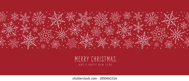 Merry Christmas greetings card snowflakes banner red background