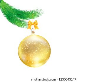 Merry Christmas greetings card template with gold bauble and Xmas tree branch.