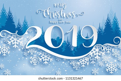 Merry christmas greetings card templates with beautiful winter and snowfall patterned paper cut art and craft style on paper color background.