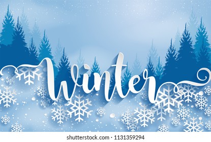 Merry christmas greetings card templates with beautiful winter and snowfall patterned paper cut art and craft style on paper color background.