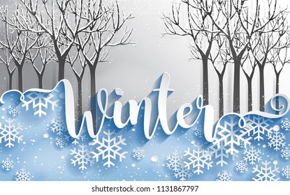 Merry christmas greetings card templates with beautiful winter and snowfall patterned paper cut art and craft style on paper color background.