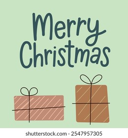 Merry Christmas greetings card, "Merry Christmas" text, perfect for holiday designs, Colorful Christmas gifts with a cheerful greeting for a festive celebration