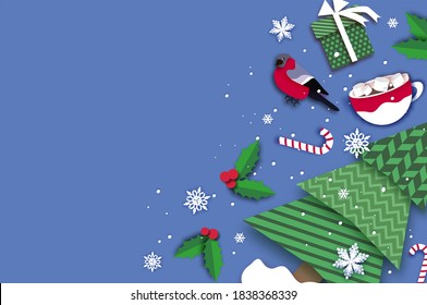 Merry Christmas Greetings Card with Christmas tree, country bullfinch, gift. Hot Cocoa with Marshmallows and Cute Candy Cane. Winter holidays. Happy New Year. Blue background.