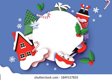 Merry Christmas Greetings Card with Christmas tree, country home, gift. Hot Cocoa with Marshmallows and Cute Candy Cane. Winter holidays. Happy New Year. Circle frame. Space for text.