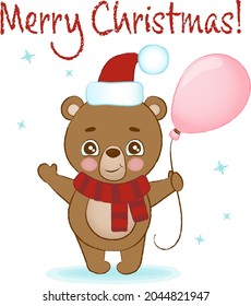Merry Christmas greetings card. vector Christmas cheerful bear with red scarf and cap of santa claus and pink balloon hand drawn illustration
