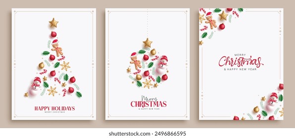 Merry christmas greetings card vector poster set design. Happy holidays and chritsmas gift cards with  xmas elements and ornaments decoration in elegant white collection. Vector illustration holiday 