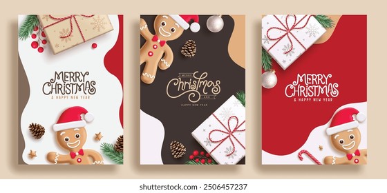 Merry christmas greetings card vector poster set design. Christmas greeting text with ginger bread and gift box decoration elements in abstract background collection. Vector illustration xmas cards 