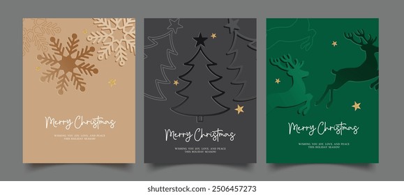 Conjunto de póster de Vector de tarjeta de felicitaciones de feliz Navidad. Texto de saludo de Navidades con copos de nieve, árbol de pino y patrón de ciervo para etiquetas de regalo de Navidad colección de Plantilla. Diseño de volantes de Navidad de Ilustración vectorial. 
