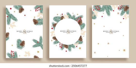 Merry christmas greetings card vector poster set. Christmas spruce, pine tree branches and wreath leaf decoration elements for xmas card collection. Vector illustration holiday season gift tags. 
