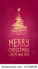 Merry Christmas greetings card vertical with snowflakes, dark red background and golden geometric Christmas tree