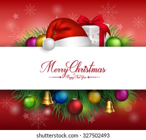 Merry Christmas Greetings Card in White Space for Text with Decorations and Objects in Background. Vector Illustration
