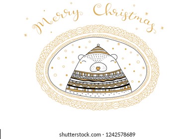 Merry Christmas greetings card. Xmas greeting hand lettering text  and bear illustration. 