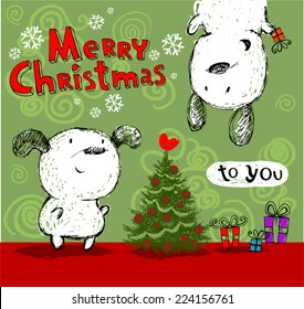 Merry Christmas greetings! Cheerful dogs with Christmas tree and gifts.