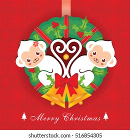 Merry Christmas greetings with cute cartoon monkeys and beautiful christmas wreath. Vector christmas illustration in flat design.