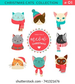 Merry Christmas greetings with cute cats characters, vector collection