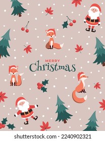 Merry christmas greetings, cute fox and santa background