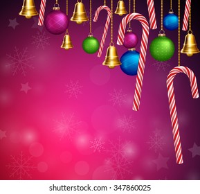 Merry Christmas Greetings with Decorations and Elements Hanging in Red Background. Vector Illustration
