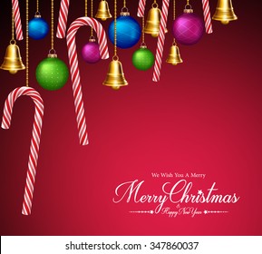 Merry Christmas Greetings with Decorations and Elements Hanging in Red Background. Vector Illustration

