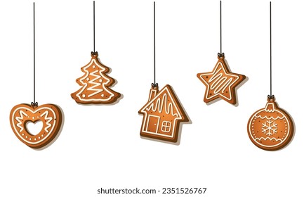 Merry Christmas greetings from delicious gingerbread in the form of different Christmas toys. Vector flat illustration isolated on white background