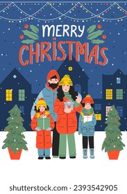 Merry Christmas. Greetings and gifts from happy family. Man, woman, girl and boy in the evening city.