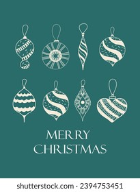 Merry Christmas Greetings with Christmas glass toys. Green background and white vintage toys.