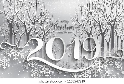 Merry christmas greetings and Happy new year 2019 templates with beautiful winter and snowfall patterned paper cut art and craft style on paper color background.