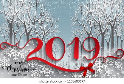 Merry christmas greetings and Happy new year 2019 templates with beautiful winter and snowfall patterned paper cut art and craft style on paper color background.