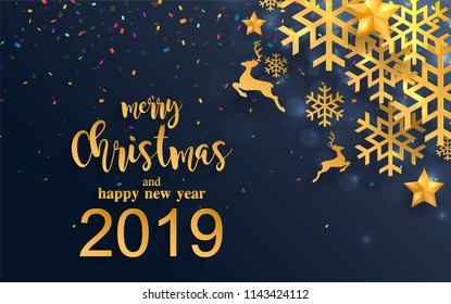 Merry christmas greetings and Happy new year 2019 templates with beautiful winter and snowfall patterned paper cut art and craft style on paper color background.