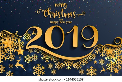 Merry christmas greetings and Happy new year 2019 templates with beautiful winter and snowfall patterned paper cut art and craft style on paper color background.