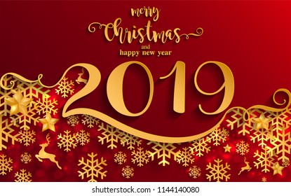 Merry christmas greetings and Happy new year 2019 templates with beautiful winter and snowfall patterned paper cut art and craft style on paper color background.