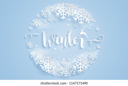 Merry christmas greetings and Happy new year 2019 templates with beautiful winter and snowfall patterned paper cut art and craft style on paper color background.