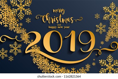 Merry christmas greetings and Happy new year 2019 templates with beautiful winter and snowfall patterned paper cut art and craft style on paper color background.