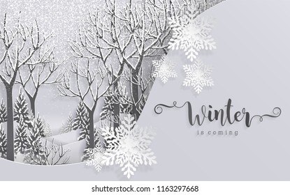 Merry christmas greetings and Happy new year 2019 templates with beautiful winter and snowfall patterned paper cut art and craft style on paper color background.