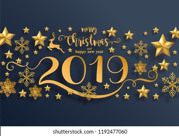 Merry christmas greetings and Happy new year 2019 templates with beautiful winter and snowfall patterned paper cut art and craft style on paper color background.