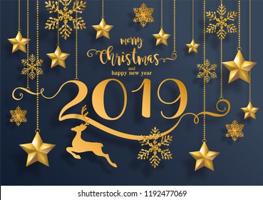 Merry christmas greetings and Happy new year 2019 templates with beautiful winter and snowfall patterned paper cut art and craft style on paper color background.