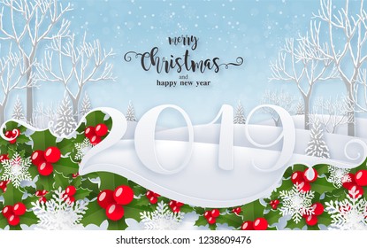 Merry christmas greetings and Happy new year 2019 templates with beautiful winter snowfall patterned paper cut art and craft style on paper color background.