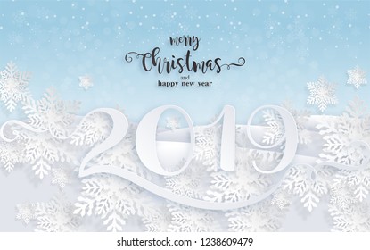 Merry christmas greetings and Happy new year 2019 templates with beautiful winter snowfall patterned paper cut art and craft style on paper color background.